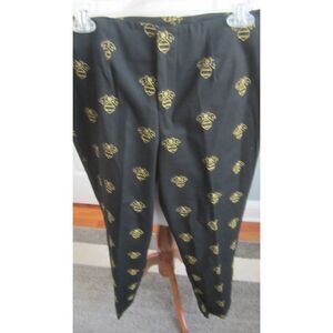 FESTIVE BLACK PANTS WITH GOLD METALLIC THREAD CHRISTMAS BALLS & BOWS SIZE 8
